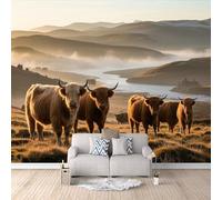 3D Highland Cows Wallpaper 300x256cm, Autumn Landscape Photo Wallpaper,Modern Art Wall Murals,for Living Room Bedroom Decoration, Easy to Install