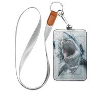 3D Hole White Wall Animal Shark Leather Badge id Holders with Lanyard and 3-Card Capacity id Card Holder for Office School IDs,Hotel Key Cards, Pass Cards