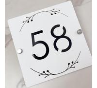 3D Hollow Acrylic House Number Sign with Ornamental Floral Design - Custom Laser Engraved Address Plaque for Wall, Matte Finish Floating Door Number Plate (Black White)