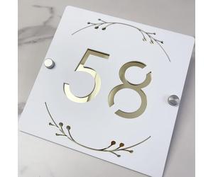 3D Hollow Acrylic House Number Sign with Ornamental Floral Design - Custom Laser Engraved Address Plaque for Wall, Matte Finish Floating Door Number Plate (White gold)
