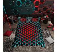 3D Honeycomb Boys Bedding Set Geometric Men Duvet Cover Set for Kids Teens Three-Dimensional Honeycomb Bedding & Linen Lifelike Stereoscopic Dense Hole Teal Blue Red Bedding & Linen 3 Pcs Double