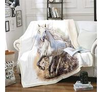 3D Horse Sherpa Fleece Throw Blanket - White Galloping Horses, Kids Boys Cool Wild Animal for Sofa Bed, Single 50x60 Inch