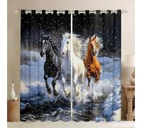 3D Horses Window Curtains Running Horse Wild Animals Decor Window Drapes for Kids Teens Adults Winter Snow Water Print Modern Curtains for Living Room 2 Panels 66Wx90L