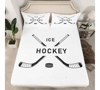 3D Ice Hockey Single Fitted Sheet White Printed Bed Sheets 30 cm Deep Fitted Sheets Soft Microfiber Bedding 80x200 cm with 2 Pillowcases for kids and aldults C.L849