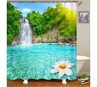 3D Image Shower Curtain Nature Scene Garden Summer Forest Blue Sky Flowing Waterfall Turquoise Lake Outdoor Picture Bathroom Personalized Decor Fabric with Hook Green White Blue 72 X 72 Inch