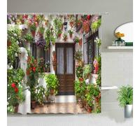 3D Italian Street Landscape Shower Curtain Mould Proof Resistant Extra Long Shower Curtains 200 x 200 cm Drop Wet Room Waterproof Washable Fabric Green Plants Bathroom Curtains with 12 Hooks d-1547