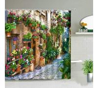 3D Italian Street Shower Curtain Mould Proof Resistant Small Shower Curtains 90 x 180 cm Wet Room Waterproof Washable Fabric Garden Landscape Bathroom Curtains with 8 Hooks d-1478