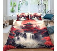 3D Japanese Autumn Maple Single Duvet Cover Set Pavilion Theme Single Bedding Sets Warm Comfort Microfiber Quilt Cover 150x200 cm with 2 Pillowcases for Boys Girls Bedroom E-310