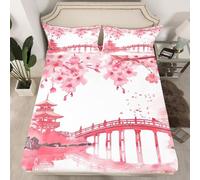 3D Japanese Cherry Blossoms Single Fitted Sheet Japanese Architecture Printed Bed Sheets 30 cm Deep Fitted Sheets Soft Microfiber Bedding 100x200 cm with 2 Pillowcases for kids and aldults C.L963