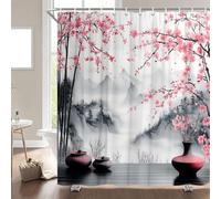 3D Japanese Landscape Shower Curtain Mould Proof Resistant Extra Wide Shower Curtains 240 x 200 cm Drop Wet Room Waterproof Washable Fabric Cherry Blossoms Bathroom Curtains with 12 Hooks d-1440