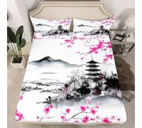 3D Japanese Landscape Single Fitted Sheet Japanese Cherry Blossom Printed Bed Sheets 30 cm Deep Fitted Sheets Soft Microfiber Bedding 90x190 cm with 2 Pillowcases for kids and aldults C.L696