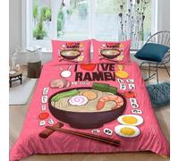 3D Japanese Ramen Single Duvet Cover Set Fun Food Single Bedding Sets Warm Comfort Microfiber Quilt Cover 150x200 cm with 2 Pillowcases for Boys Girls Bedroom E-5595