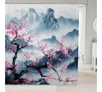 3D Japanese Style Shower Curtain Mould Proof Resistant Extra Long Shower Curtains 180 x 200 cm Drop Wet Room Waterproof Washable Fabric Cherry Blossom Bathroom Curtains with 12 Hooks f-852