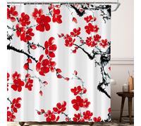 3D Japanese Style Shower Curtain Mould Proof Resistant Extra Long Shower Curtains 200 x 200 cm Drop Wet Room Waterproof Washable Fabric Red Flowers Bathroom Curtains with 12 Hooks d-1799