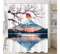 3D Japanese Style Shower Curtain Mould Proof Resistant Long Shower Curtains 180 x 180 cm Wet Room Waterproof Washable Fabric Mount Fuji Bathroom Curtains with 12 Hooks e-5703