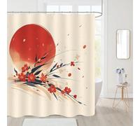 3D Japanese Style Shower Curtain Mould Proof Resistant Long Shower Curtains 180 x 180 cm Wet Room Waterproof Washable Fabric Red Flowers Bathroom Curtains with 12 Hooks d-1842