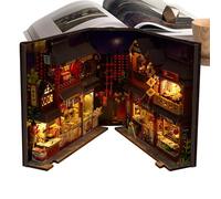 3d k - 17cm Wooden Puzzle Bookend Kit With Led Lighting | Diy Dollhousee Insert Bookshelf Miniature | Chinese Food Record Pop-Up Book, Handmade Assembly Creative Craft Gift For Adults