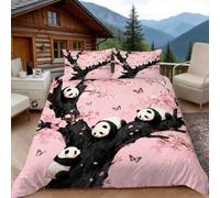 3D King Size Duvet Cover Sets 3D Printed Cherry Blossom Panda Bedding, Cute Lovely Soft Microfibre Duvet Cover Sets Quilt Cover and Pillow Set with Zipper 3 Pcs