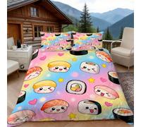 3D King Size Duvet Cover Sets 3D Printed Cute Sushi Bedding, Japanese Cuisine Soft Microfibre Duvet Cover Sets Quilt Cover and Pillow Set with Zipper 3 Pcs