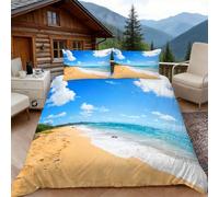 3D King Size Duvet Cover Sets 3D Printed Sandy Beach Bedding, Sea View Soft Microfibre Duvet Cover Sets Quilt Cover and Pillow Set with Zipper 3 Pcs