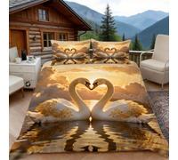 3D King Size Duvet Cover Sets 3D Printed Swan Bedding, Romantic Theme Soft Microfibre Duvet Cover Sets Quilt Cover and Pillow Set with Zipper 3 Pcs