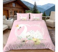 3D King Size Duvet Cover Sets 3D Printed Swan Romance Bedding, Cute Cartoon Soft Microfibre Duvet Cover Sets Quilt Cover and Pillow Set with Zipper 3 Pcs