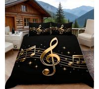 3D King Size Duvet Cover Sets 3D Printed Treble Clef Bedding, Golden Musical Notes Soft Microfibre Duvet Cover Sets Quilt Cover and Pillow Set with Zipper 3 Pcs