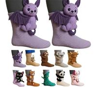 3D Knit Animal Socks,Novelty Floor Sock for Christmas,Soft 3D Knit Funny Sloth Animal Hugging Socks,Cute Hand Crochet Sock,Winter Warm Floor socks for Girl Gift (Bat)