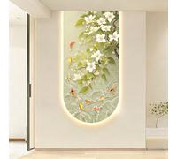 3D Koi Fish Floral Crystal Glass Wall Decor, Arched LED Backlit Relief Sculpture for Entryway, Hallway, Living Room, Vertical Design, 15.7x31.5in