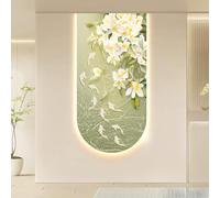3D Koi Fish Floral Crystal Glass Wall Decor, Arched LED Backlit Relief Sculpture for Entryway, Hallway, Living Room, Vertical Design, 15.7x31.5in