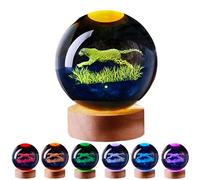 3D Large Leopard Crystal Ball Night Light with Wooden Base, Cheetah Crystal Lamp Gift for Kids Wife Friends, 16 Color Changing with Remote Control, Laser Engraved 3.15 inch Glass Ball Lamp (Leopard)