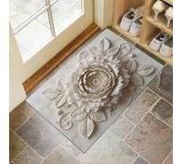 3D Large Peony Relief Sculpture Washable Door Mat Indoor - Modern Marble Plants Absorbent Dirt Trapper Indoor Doormat, Anti-Slip Mat With Tpr Backing, Versatile Front Floor Rug, Beige, 80X120Cm
