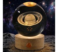 3D Large Saturn Crystal Ball Night Light, Gift for Kids Wife Friends, 80MM | Solar System Crystal Lamp with Wooden Base, Multicolor USB Planet Ball Lamp for Girl Boy Room Decor, Birthday Christmas Gift,