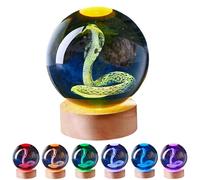 3D Large Snake Crystal Ball Night Light with Wooden Base, Cobra Crystal Lamp Gift for Kids Wife Friends, 16 Color Changing with Remote Control, Laser Engraved 3.15 inch Glass Ball Lamp (Snake)