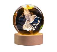 3D Laser Engraved Bird Crystal Ball with LED Stand, 60mm Hummingbird Figurine Lamp Night Light, Glass Hummingbird Globe Paperweight Gift
