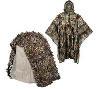 3D Leaf Ghillie Poncho with 1.5x4 m Camouflage Net, 2-Piece Hunting Set | Quick-Drying Breathable Poncho With Leaves Hood Plus 190T Polyester Camo Net Indoor Outdoor Use