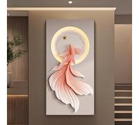 3D LED Wall Art Decor,Modern Sandstone Sculpture Hanging Mural with Warm Backlight,Hand-Carved Textured Koi Fish Relief,for Living Room Bedroom Corridor.(Red,70x140cm)