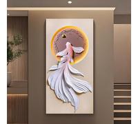 3D LED Wall Art Decor,Modern Sandstone Sculpture Hanging Mural with Warm Backlight,Hand-Carved Textured Koi Fish Relief,for Living Room Bedroom Corridor.(Red,70x140cm)