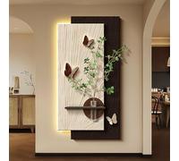 3D LED Wall Art Decor with Light, Sandstone Sculpture with Vase and Artificial Plant, Modern for Living Room Hallway Entryway Home