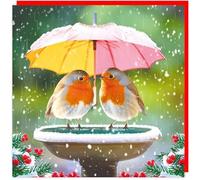 3D Lenticular Holographic Festive Fun Keepsake Single Christmas Card - Made in The UK - Eco-Friendly - Premium Board - 160 x 160mm (Robins under Umbrella)