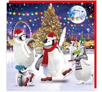 3D Lenticular Holographic Festive Fun Keepsake Single Christmas Card - Made in The UK - Eco-Friendly - Premium Board - 160 x 160mm (Penguins Ice Rink)
