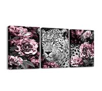 3D Leopard Canvas Wall Art Set of 3,Pink Rose Flower Wall Decor Living Room Cheetah Print Artwork for Walls,Western Wild Animal African Safari Animals Hang Pictures Home Decor,Black White Grey