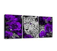 3D Leopard Canvas Wall Art Set of 3,Purple Rose Flowers Paintings Wall Decor Living Room Cheetah Print Artwork for Walls,Western Animal African Animals Hang Pictures Home Decor,Black White and Grey