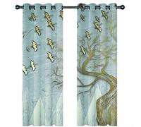 3D Light Gray And Gold Flying Birds And Dead Trees Pattern Curtains 264X214Cm Eyelet Blackout Curtains Noise Reducing Thermal Insulated Eyelet Ring Top Window For Kids Bedroom Living Room 2 Panels