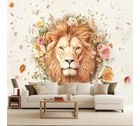 3D Lion Wall Mural Wallpaper Non-Woven for Living Room, Bedroom, Children's Room Flowers Plants Lion Large Photo Wallpaper for Tv Background Wild Animal 400x280cm