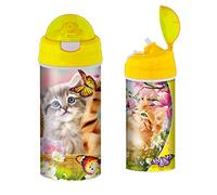 3D LiveLife Drinking Bottle - Kitten Fun Time from Deluxebase. 3D Lenticular 600ml BPA Free Reusable Yellow Water Bottle with Straw and Flip Top Lid. Leak Proof Animal Drinks Bottles with Cat Design.