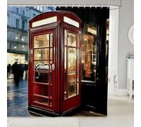 3D London Shower Curtain Mould Proof Resistant Extra Wide Shower Curtains 240 x 200 cm Drop Wet Room Waterproof Washable Fabric Red Telephone Booth Bathroom Curtains with 12 Hooks d-3033