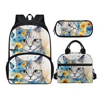 3D Lovely Cat Backpack Combo Set Floral School Shoulder Bag Lunch Tote Pen Pouch Stationery Bag