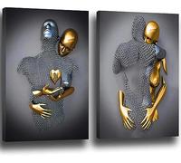 3D Lover Sculpture Poster Metal Figure Statue Art Canvas Painting Romantic Abstract Posters and Prints Modern Living Room Home Decoration - No Frame (2pcs-40x60cm, Figure-1)