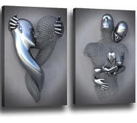 3D Lovers Sculpture Metal Figure Art Canvas Romantic Abstract Posters and Prints for Modern Living Room Home Decoration - Without Frame (2 Pieces - 40 x 60 cm, Figure-3)